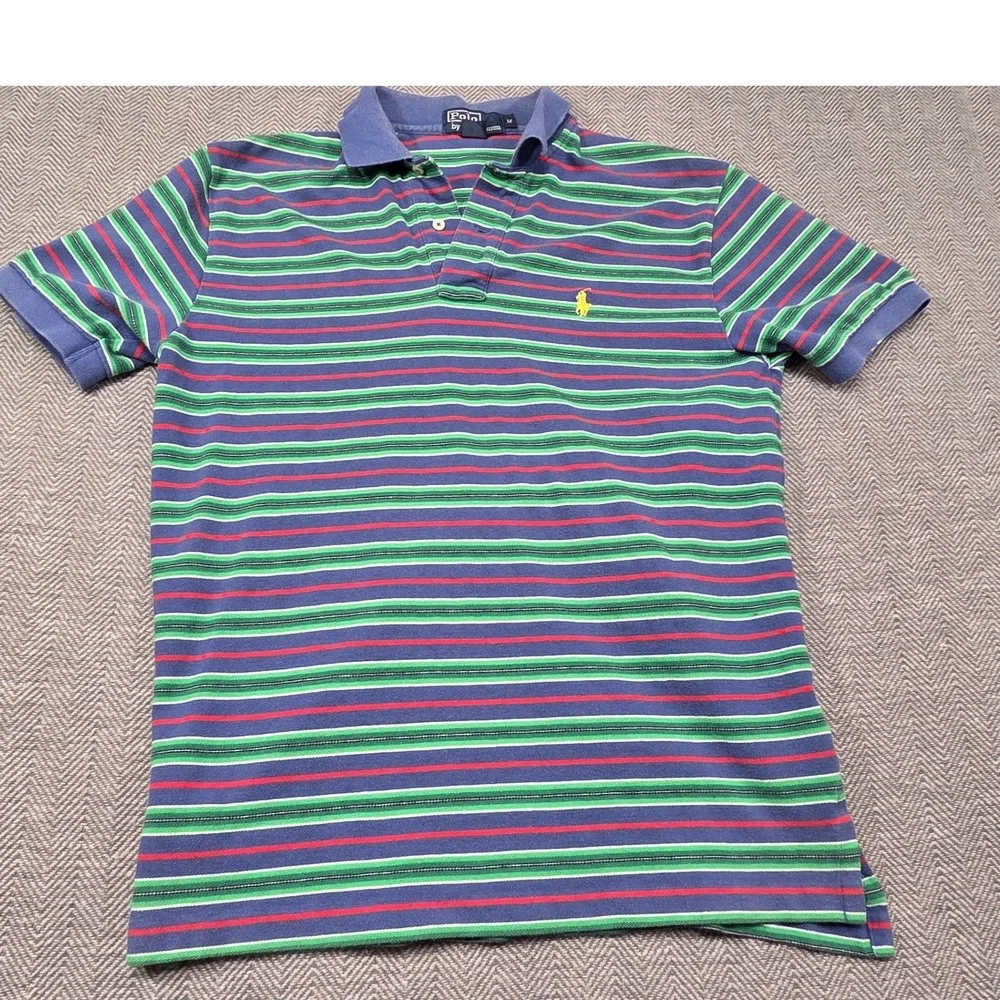Polo Ralph Lauren Mens Medium Striped Polo Shirt Blue Green Red Short‎ Sleeve M